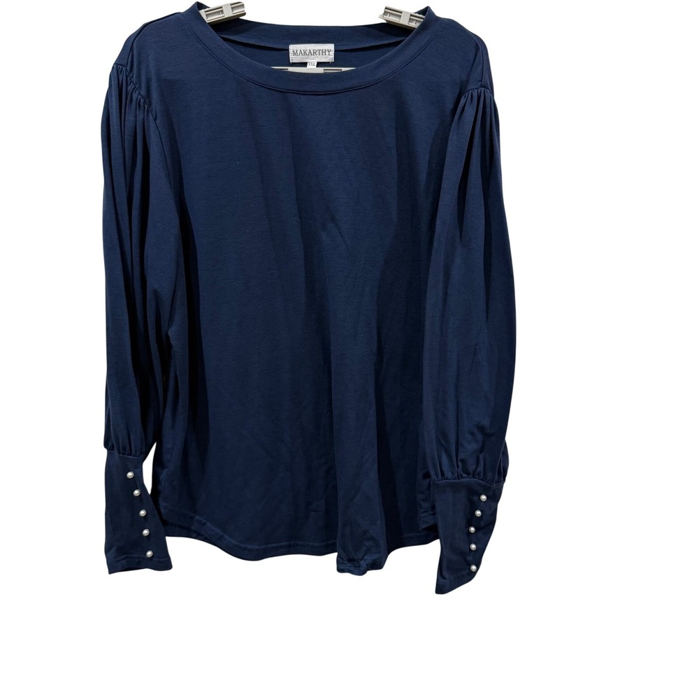 MAKARTHY Women Navy Blue Puff Sleeve Pearl Cuff Knit Top Blouse XXL